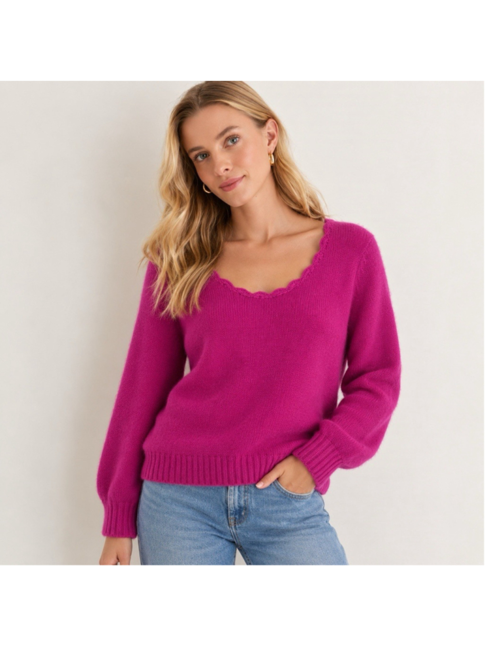 Rafaella Magenta Angora Rabbit Hair Lambswool Fuzzy Scalloped Luxe Sweater XL